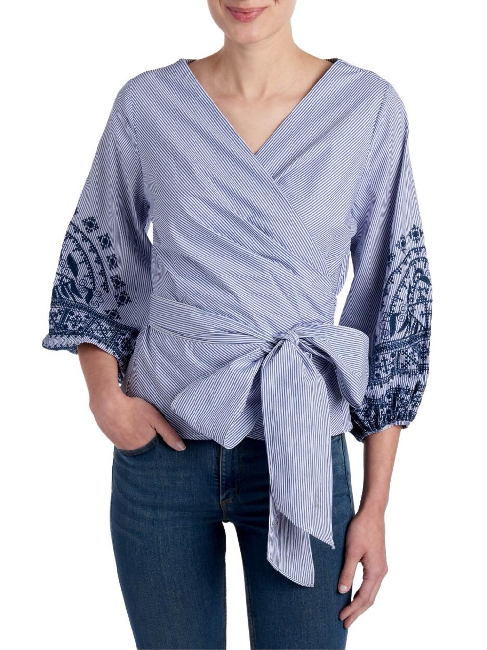 Max Edition Blue Striped Wrap Blouse with Navy Embroidered Sleeves
